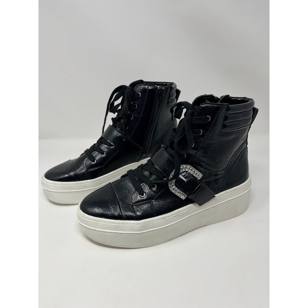 Gianni Bini Platform Combat Boots Rhinestone Buckle 10M sneakers Black White